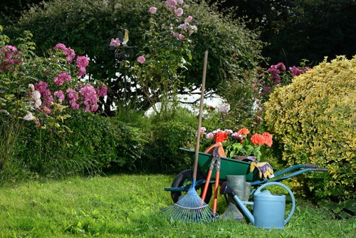 The image depicts a well-maintained garden scene with a lush, green lawn in the foreground, bordered by various flowering shrubs and bushes, including pink and purple blossoms, and dense foliage providing a natural backdrop. On the right side, a large, rounded yellow-green hedge dominates, with smaller green plants and flowering bushes scattered throughout the garden. Several gardening tools and supplies are arranged on the grass, including a blue watering can, a green wheelbarrow filled with gardening gloves and small tools, a rake, and a broom, indicating active outdoor maintenance. In the background, taller trees and bushes form a shaded perimeter of the garden, contributing to a secluded, peaceful outdoor environment. The natural lighting suggests a bright, possibly sunny day, with soft shadows cast across the scene, emphasizing the vibrant colours and textures of the plants and tools. This setting exemplifies a carefully tended garden space suitable for gardening services focusing on lawn care, hedge trimming, and garden maintenance in the Hampstead Heath area, near postcode NW3, maintained by Landscapers Hampstead Heath.