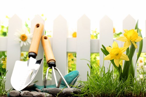The image depicts a small garden scene with a white picket fence in the background, likely part of a residential outdoor space in Hampstead Heath. In the foreground, there are freshly planted yellow daffodils with green leaves growing alongside lush, well-maintained grass that appears vibrant and healthy. To the left, a pair of gardening tools—a small trowel and a hand rake with wooden handles—are resting on the ground, indicating recent or ongoing garden work. The soil around the plants is bare, suggesting either recent planting or preparation for further planting. Bright natural light illuminates the scene, highlighting the cheerful yellow flowers and the fresh green foliage, characteristic of early spring or late winter in the area. This setup reflects typical domestic garden maintenance, which Landscapers Hampstead Heath provides through lawn care, planting, and outdoor landscaping services, contributing to the neat and lively appearance of the garden space in Hampstead Heath.