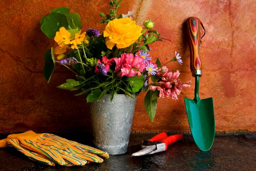 A close-up image of a garden workspace featuring a large ceramic pot filled with a vibrant arrangement of fresh flowers, including yellow, pink, and purple blossoms, set against a warm terracotta-colored wall. To the right, there is a small green trowel with a wooden handle, along with red pruning shears and a pair of gardening gloves with orange and yellow stripes, all resting on a dark surface. The scene suggests ongoing garden maintenance or planting activity, typical of professional gardening and landscaping services for outdoor spaces at Hampstead Heath.