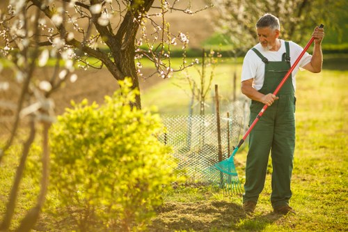 A man wearing green gardening overalls and a white t-shirt is standing in a landscaped garden in Hampstead Heath, London, shading a small soil bed with a garden rake. The garden features a well-maintained lawn with lush, dense grass, a flowering tree with white blossoms, and a neatly trimmed yellow-green shrub in the foreground. Behind the man, there is a low metal fence that separates the garden area from the open grassy space beyond, which is bathed in warm, natural sunlight indicating a clear day. In the background, mature trees with blossoming branches provide a scenic, natural backdrop. The scene depicts outdoor maintenance activity, aligning with professional gardening and landscaping services offered by Landscapers Hampstead Heath, with the environment emphasizing a tidy and thoughtfully landscaped outdoor space in a residential setting within the Hampstead area, NW3 postal district. The natural tones of greens, browns, and soft whites highlight healthy plant growth and a well-kept garden.